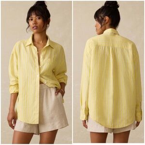 •FAHERTY• Laguna Linen Relaxed Shirt in Golden‎ Kiwi Lucy Stripe Size Medium